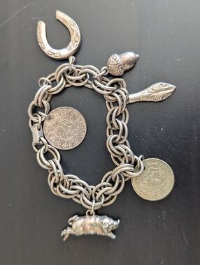 Vintage Coro Charm Bracelet Lucky Pig Horseshoe Coin Signed
